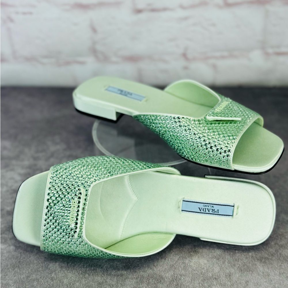 Prada Satin Crystal Embellished Green Slide Mules Sandals 37 NEW - Picture 2 of 9